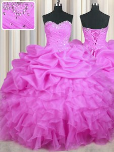 Luxurious Lilac Organza Lace Up Sweetheart Sleeveless Floor Length Quinceanera Dress Beading and Ruffles and Sequins and Ruching