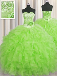 Eye-catching Handcrafted Flower Floor Length 15 Quinceanera Dress Organza Sleeveless Beading and Ruffles and Hand Made Flower