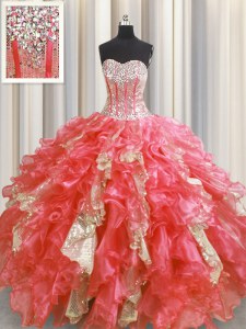 Sexy Visible Boning Organza and Sequined Sleeveless Floor Length Quince Ball Gowns and Beading and Ruffles and Sequins