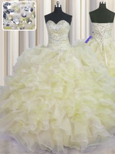 Enchanting Light Yellow Sweetheart Neckline Beading and Ruffles Ball Gown Prom Dress Sleeveless Lace Up