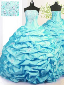 Dazzling Aqua Blue Strapless Lace Up Beading and Pick Ups Quinceanera Gown Sweep Train Sleeveless