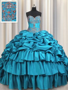 Luxurious Beading and Embroidery and Ruffled Layers and Pick Ups Quinceanera Dress Teal Lace Up Sleeveless Brush Train