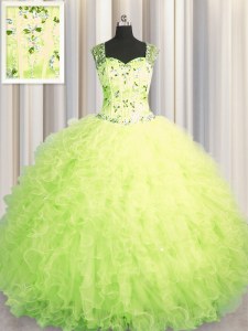 See Through Zipper Up Yellow Green Ball Gowns Beading and Ruffles Quinceanera Dress Zipper Tulle Sleeveless Floor Length