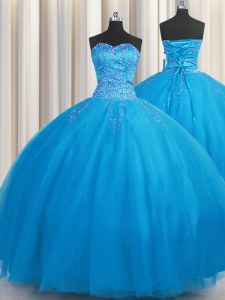 Fantastic Big Puffy Beading 15th Birthday Dress Blue Lace Up Sleeveless Floor Length