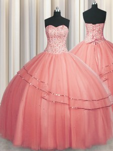 Popular Visible Boning Puffy Skirt Watermelon Red Sweetheart Neckline Beading 15 Quinceanera Dress Sleeveless Lace Up