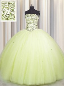 Unique Big Puffy Light Yellow Lace Up Strapless Beading and Sequins Vestidos de Quinceanera Tulle Sleeveless
