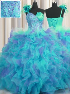 Wonderful One Shoulder Handcrafted Flower Sleeveless Tulle Floor Length Lace Up Quince Ball Gowns in Multi-color with Beading and Ruffles and Hand Made Flower
