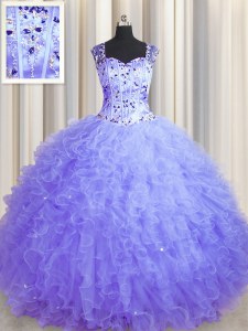 Perfect See Through Zipper Up Square Sleeveless 15th Birthday Dress Floor Length Beading and Ruffles Lavender Tulle