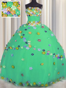 Strapless Sleeveless Sweet 16 Dresses Floor Length Hand Made Flower Turquoise Tulle