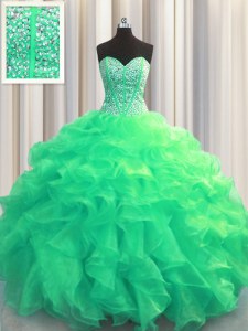 Stunning Visible Boning Organza Sleeveless Floor Length Ball Gown Prom Dress and Beading and Ruffles