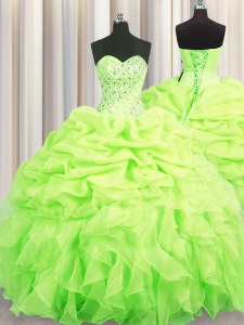 Shining Floor Length Lace Up Quinceanera Gowns Yellow Green for Military Ball and Sweet 16 and Quinceanera with Beading and Ruffles and Pick Ups