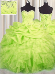 Stunning Yellow Green Ball Gowns Beading and Ruffles and Ruching and Pick Ups Sweet 16 Dress Lace Up Organza Sleeveless Floor Length