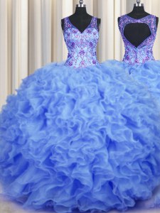 Perfect Floor Length Blue 15 Quinceanera Dress V-neck Sleeveless Zipper