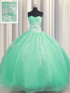Luxurious Zipper Up Apple Green Ball Gowns Sweetheart Sleeveless Organza Floor Length Zipper Beading and Appliques Sweet 16 Quinceanera Dress