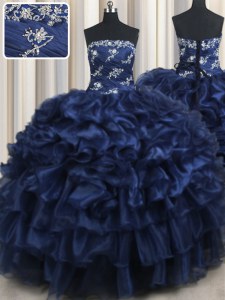 Navy Blue Strapless Lace Up Appliques and Ruffles and Pick Ups Sweet 16 Dresses Sleeveless