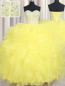Yellow Lace Up Ball Gown Prom Dress Beading and Ruffles Sleeveless Floor Length
