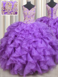 Lovely Purple Organza Lace Up Sweetheart Sleeveless Floor Length Quinceanera Dresses Beading and Appliques and Ruffles