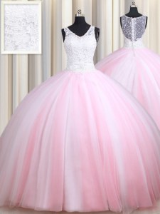 Sexy Straps Pink And White Sleeveless Tulle Zipper Vestidos de Quinceanera for Military Ball and Sweet 16 and Quinceanera