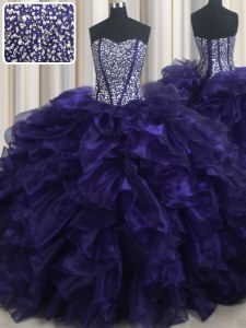 Trendy Purple Sweetheart Lace Up Beading and Ruffles Sweet 16 Dress Brush Train Sleeveless