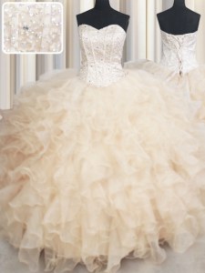 Champagne Lace Up Quinceanera Dress Beading and Ruffles Sleeveless Floor Length