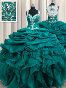 Cheap Teal Sweet 16 Quinceanera Dress Military Ball and Sweet 16 and Quinceanera and For with Beading and Ruffles and Pick Ups Straps Sleeveless Zipper