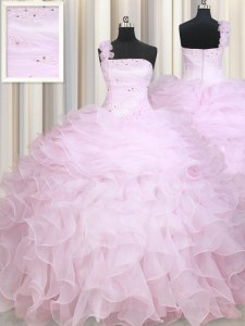 One Shoulder Sleeveless Organza Floor Length Zipper Quinceanera Gowns in Baby Pink with Beading and Ruffles