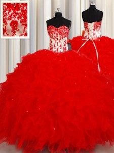 Sleeveless Organza Floor Length Lace Up Sweet 16 Dress in Red with Beading and Appliques and Ruffles and Sequins