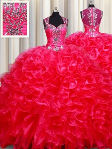 Straps Sleeveless Organza Floor Length Zipper Sweet 16 Dress in Red with Beading and Ruffles