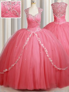 On Sale Straps Cap Sleeves Tulle Sweep Train Zipper Quinceanera Dress in Watermelon Red with Beading and Appliques