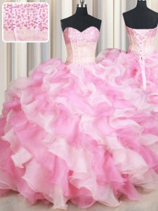 Most Popular Floor Length Lace Up Quince Ball Gowns Pink And White for Military Ball and Sweet 16 and Quinceanera with Beading and Ruffles