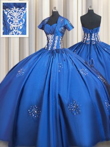 Latest Taffeta Sweetheart Short Sleeves Lace Up Beading and Appliques Ball Gown Prom Dress in Blue