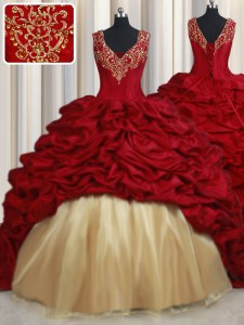 Beading and Appliques and Pick Ups Sweet 16 Quinceanera Dress Red Lace Up Sleeveless Sweep Train
