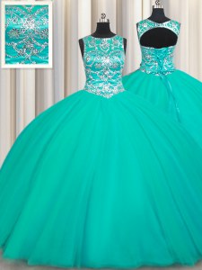 Fitting Scoop Turquoise Sleeveless Floor Length Appliques Lace Up Sweet 16 Dresses