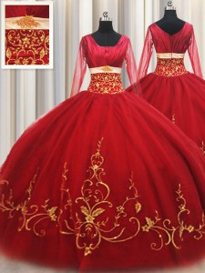Glorious Square Red Long Sleeves Tulle Zipper Quinceanera Dresses for Military Ball and Sweet 16 and Quinceanera