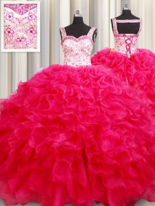 Hot Pink Straps Neckline Embroidery and Ruffles 15 Quinceanera Dress Sleeveless Lace Up