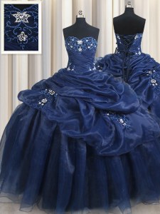 Navy Blue Lace Up Sweet 16 Quinceanera Dress Appliques and Pick Ups Sleeveless Floor Length