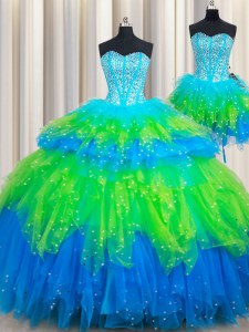Customized Three Piece Sweetheart Sleeveless Quince Ball Gowns Floor Length Beading and Ruffled Layers Multi-color Tulle