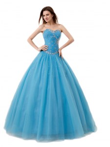 Sweetheart Sleeveless Vestidos de Quinceanera Floor Length Beading and Ruching Baby Blue Tulle