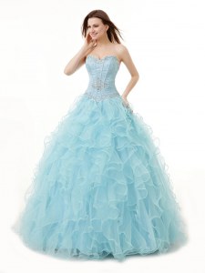 Trendy Light Blue Organza Lace Up Sweetheart Sleeveless Floor Length Quinceanera Gown Beading and Ruffles