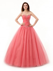Sweetheart Sleeveless Quinceanera Gowns Floor Length Beading and Ruching Watermelon Red Tulle