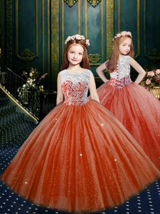 Ball Gowns Little Girls Pageant Dress Orange Red Scoop Tulle Sleeveless Floor Length Clasp Handle