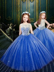 Fashion Blue Ball Gowns Scoop Sleeveless Tulle Floor Length Clasp Handle Appliques Little Girl Pageant Dress