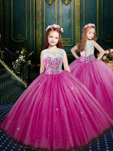 Eggplant Purple Ball Gowns Tulle Scoop Sleeveless Beading and Appliques Floor Length Clasp Handle Child Pageant Dress