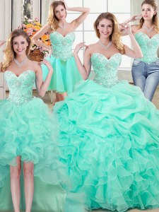 Four Piece Apple Green Quinceanera Dress Military Ball and Sweet 16 and Quinceanera and For with Beading and Ruffles and Pick Ups Sweetheart Sleeveless Lace Up