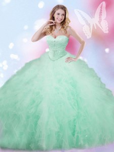 Nice Apple Green Tulle Lace Up Sweetheart Sleeveless Floor Length Quinceanera Dress Beading and Ruffles