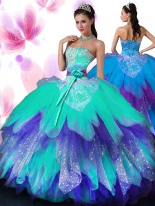 Modest Multi-color Tulle Lace Up Sweetheart Sleeveless Floor Length 15 Quinceanera Dress Appliques and Ruffled Layers and Hand Made Flower