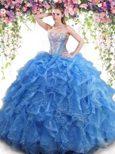 Noble Mermaid Sweetheart Sleeveless Quinceanera Dress Floor Length Beading and Ruffles Aqua Blue Organza