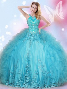 Halter Top Floor Length Lace Up Sweet 16 Dresses Aqua Blue for Military Ball and Sweet 16 and Quinceanera with Beading and Appliques