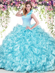 Aqua Blue Organza Backless Quinceanera Gowns Sleeveless Floor Length Beading and Ruffles