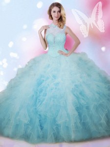 Smart Baby Blue Lace Up High-neck Beading and Ruffles Sweet 16 Dresses Tulle Sleeveless